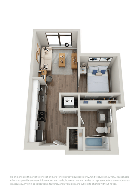 Floor plan for 1 bed, 1 bath, 502 sqft